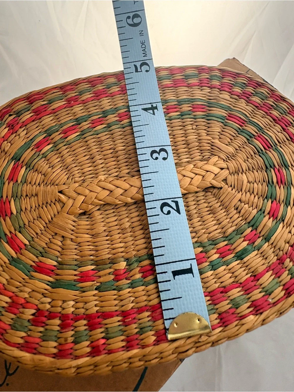 Vintage Boho Style Braided Sweetgrass Basket in Red, green, and natural colors